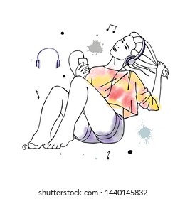 Vector hand drawn graphic illustration of cute watercolor girl, headphones, blots, drops. Black and white silhouette of beautiful woman in free seat pose, listen music. Sketch drawing, doodle style. 