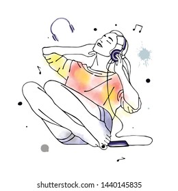 Vector hand drawn graphic illustration of cute watercolor girl, headphones, blots, drops. Black and white silhouette of beautiful woman in free seat pose, listen music. Sketch drawing, doodle style. 