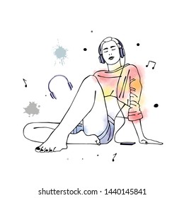 Vector hand drawn graphic illustration of cute watercolor girl, headphones, blots, drops. Black and white silhouette of beautiful woman in free seat pose, listen music. Sketch drawing, doodle style. 