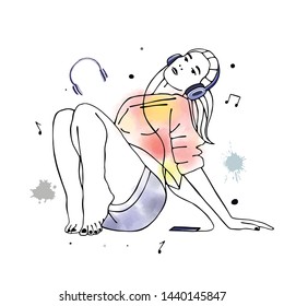 Vector hand drawn graphic illustration of cute watercolor girl, headphones, blots, drops. Black and white silhouette of beautiful woman in free seat pose, listen music. Sketch drawing, doodle style. 