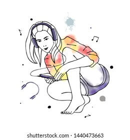 Vector hand drawn graphic illustration of cute watercolor girl, headphones, blots, drops. Black and white silhouette of beautiful woman in free seat pose, listen music. Sketch drawing, doodle style.