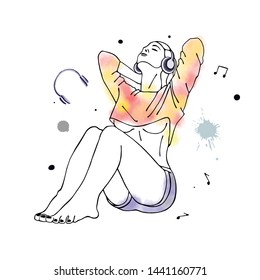 Vector hand drawn graphic illustration of cute watercolor girl, headphones, blots, drops. Black and white silhouette of beautiful woman in free seat pose, listen music. Sketch drawing, doodle style.