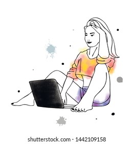 Vector hand drawn graphic illustration of cute watercolor girl, laptop, blots, drops. Black and white silhouette of beautiful woman in free seat pose, work with notebook Sketch drawing, doodle style.