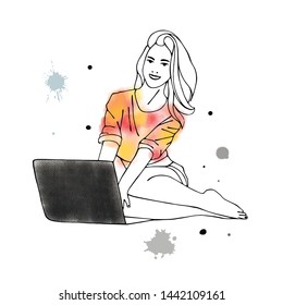 Vector hand drawn graphic illustration of cute watercolor girl, laptop, blots, drops. Black and white silhouette of beautiful woman in free seat pose, work with notebook Sketch drawing, doodle style.