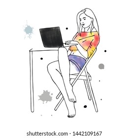 Vector hand drawn graphic illustration of cute watercolor girl, laptop, blots, drops. Black and white silhouette of beautiful woman in free seat pose, work with notebook Sketch drawing, doodle style.