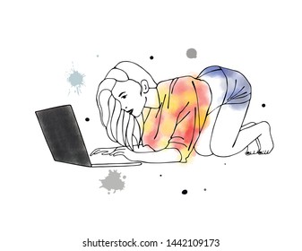 Vector hand drawn graphic illustration of cute watercolor girl, laptop, blots, drops. Black and white silhouette of beautiful woman in free seat pose, work with notebook Sketch drawing, doodle style.