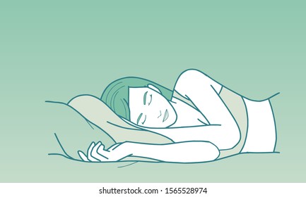Vector hand drawn graphic illustration. Sexy pretty posing person, cartoon, sleep on its side and dream line art
