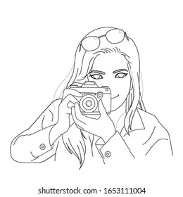 Vector hand drawn graphic illustration. Girl taking photo and smiling. cartoon, line art.