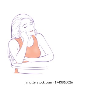 Ilustración gráfica dibujada a mano por vectores. Persona sexy y bonita, caricatura, sueño en su costado y línea de ensueño	