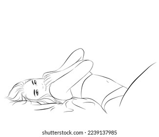Vector hand drawn graphic illustration. Sexy pretty posing person and lie down, Wink and smile. cartoon, line art	