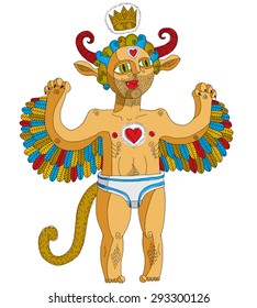 Vector hand drawn graphic illustration of weird creature, cartoon nude man with wings, animal side of human being. King concept, royal theme drawing. 