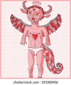 Ilustración gráfica de la mano del vector de la criatura extraña, hombre desnudo de dibujos animados con alas, lado animal del ser humano. Concepto de ídolo, dibujo alegórico artístico. 