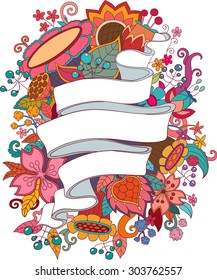 vector hand drawn graphic illustration with  ribbons and  colorful wreaths  flower on white background