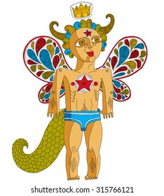 Vector hand drawn graphic illustration of weird creature, cartoon nude man with wings, animal side of human being. King concept, artistic allegory drawing. 