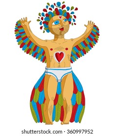 Vector hand drawn graphic illustration of weird creature, cartoon nude man with wings, animal side of human being. Idol concept, artistic allegory drawing. 