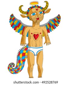 Vector hand drawn graphic illustration of weird creature, cartoon nude man with wings, animal side of human being. Idol concept, artistic allegory drawing. 