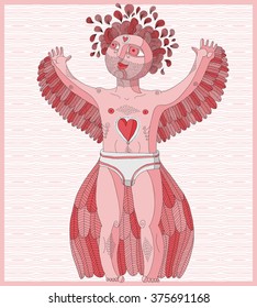 Vector hand drawn graphic lined illustration of weird creature, cartoon nude man with wings, animal mystic side of human being. Idol concept, artistic allegory drawing. 