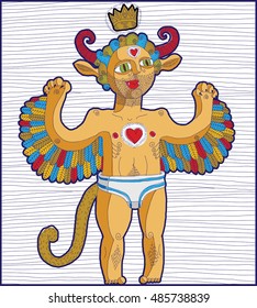 Vector hand drawn graphic lined illustration of symbolic character, cartoon nude man with wings, animal side of human being. Love concept, king allegory drawing. 