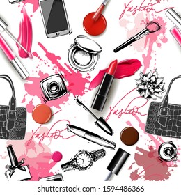 Vector hand drawn graphic seamless pattern with painted makeup Trend graphic contrasty glamour fashion seamless pattern. Isolated elements