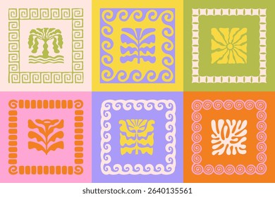 Vector hand drawn graphics, print design templates, summer and vacation theme, tropical illustrations, frames and borders in simple trendy naive cut out style with holiday floral illustrations, patchw