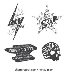 Vector Hand Drawn Graphics Set For T-shirt, Merchandising, Poster Design. Lightning, Star, Skull, Anvil Typographic Illustrations. Texture Effect Can Be Turned Off.