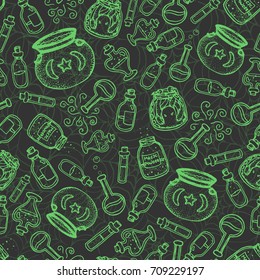 Vector hand drawn green alchemy bottles seamless pattern on the dark gray spider web background. Includes outline of potions, elixirs, vials and cauldrons. Halloween design.