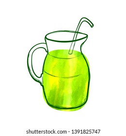 Vector Hand Drawn Green Cocktail Icon, Watercolor Painting, Green Bright Color, Object Isolated on White Background, Healthy Foods.