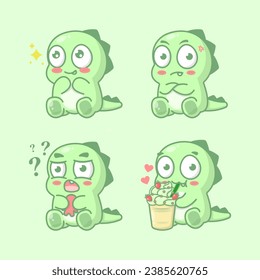 vector hand drawn green dino monster kawai cute illustration