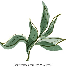 Vector hand drawn green nature olive branch illustration with retro risograph effect and splash texture. Italian Greek healthy plant isolated on white background. The concept of Mediterranean food. 