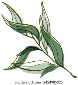 Vector hand drawn green nature olive branch illustration with retro risograph effect and splash texture. Italian Greek healthy plant isolated on white background. The concept of Mediterranean food. 
