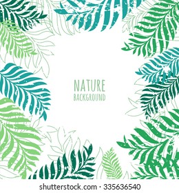 Vector hand drawn green palm tree leaves, grunge background. Abstract nature old frame with place for text. 