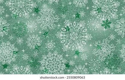 Vetor mão desenhada verde padrão de inverno sem costura com flocos de neve e estrelas e manchas