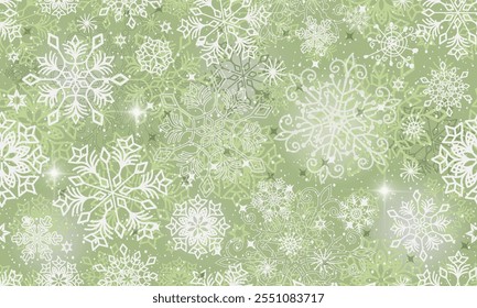 Vector hand drawn green seamless winter pattern with snowflakes and stars and spots