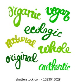 vector hand drawn green set of inscriptions dedicated to lifestyle and nutrition themes. 