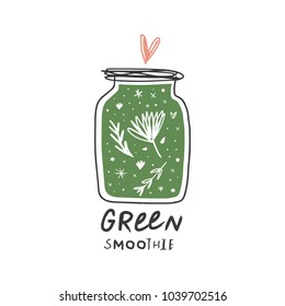 Vector. Hand drawn green smoothie bottle and lettering. Summer art.
Clipart. Isolated.