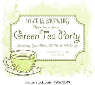 vector hand drawn green tea party invitation card, vintage frame, glass and leaves.