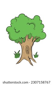 Vector hand drawn Green tree illustration Natural tree sketch Outline tree Black and White Natural Landscape Doodle style cartoon tree with Organic plant with leaves and grass with old wooden trunk