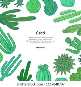 Vector hand drawn green wild cacti plants background with place for text illustration