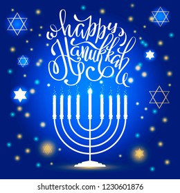 Vector hand drawn greeting card Happy Hanukkah. Calligraphy isolated on black background. Hand lettering illustration. Happy Hanukkah. Jewish holiday. Hanukkah Menorah on Light Blue Background