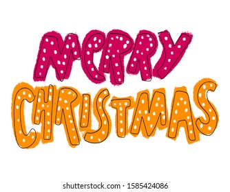 Vector hand drawn greeting card - Merry Christmas. Lights inside doodle grunge lettering. Hand-drawn Colorful illustration with white lights and freehand typography. Holiday banner