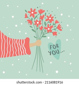 Vector hand drawn greeting card of Happy Women's Day, March 8, International Women's Day, Wonderful Day, Mothers day. Modern illustration with bouquet of flowers.