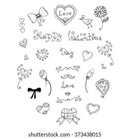 Vector hand drawn greeting card with Valentine's Day symbols. Set  with original hand drawn phrase Happy Valentine Day, love, bird, flowers, mustaches, lips, ornament and heart. On a white background