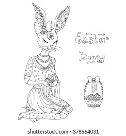 Vector hand drawn greeting card with Happy easter ornaments symbols. Easter Bunny Girl in dress sitting and holding easter eggs, standing next to a gift basket