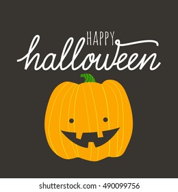 Vector hand drawn greeting card - Happy Halloween with cute pumpkin, isolated on dark background. Cartoon illustration
