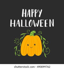 Vector hand drawn greeting card - Happy Halloween with cute pumpkin, isolated on dark background. Cartoon illustration
