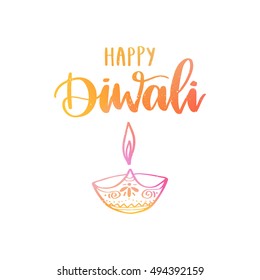 Vector hand drawn greeting card - Happy Diwali.Colorful lettering isolated on white background