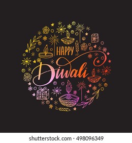 Vector hand drawn greeting card - Happy Diwali.Colorful calligraphy with diwali symbols 