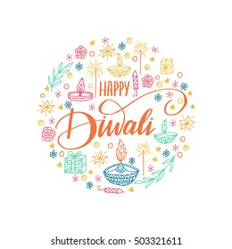Vector hand drawn greeting card - Happy Diwali.Colorful calligraphy with diwali symbols