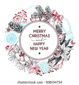 Hand gezeichnete Grußkarte. Frohe Weihnachten und einen guten Rutsch ins neue Jahr. Winterwürze. Vintage gravierte Kunst. Verwenden Sie für saisonale Gruß, Party-Dekor, Ferienwerbung.