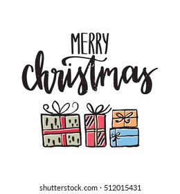 Vector hand drawn greeting card - Merry Christmas, isolated on white background with christmas presents. Colorful holiday calligraphy poster. Christmas design
